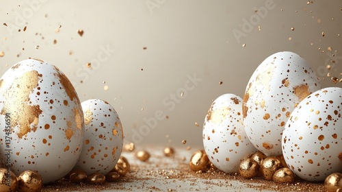Subtle Easter Theme with White and Gold Eggs on Light Beige Background, Elegant and Minimalist Design for Festive Occasions

