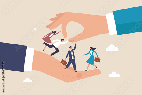Organization resource, people or employee support, care, benefit or protection, workplace wellbeing, office community or employee care concept, businessman hand cover working employees with care.