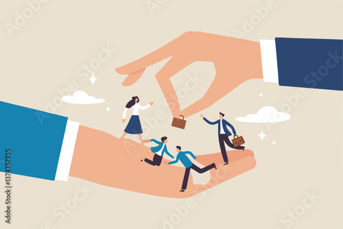 Organization resource, people or employee support, care, benefit or protection, workplace wellbeing, office community or employee care concept, businessman hand cover working employees with care.