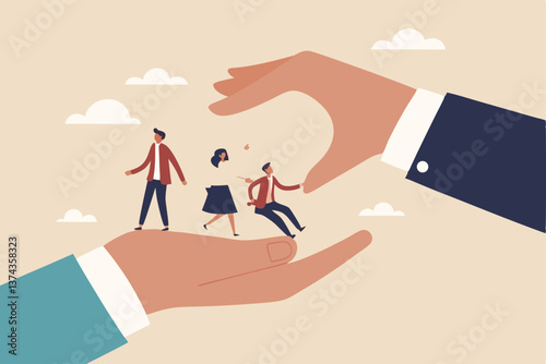 Organization resource, people or employee support, care, benefit or protection, workplace wellbeing, office community or employee care concept, businessman hand cover working employees with care.
