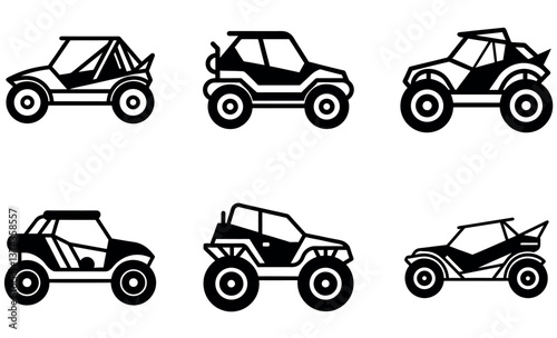 This graphic features a collection of black and white line art illustrations of different types of off-road vehicles.