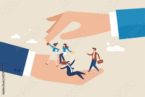 Organization resource, people or employee support, care, benefit or protection, workplace wellbeing, office community or employee care concept, businessman hand cover working employees with care.