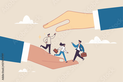 Organization resource, people or employee support, care, benefit or protection, workplace wellbeing, office community or employee care concept, businessman hand cover working employees with care.
