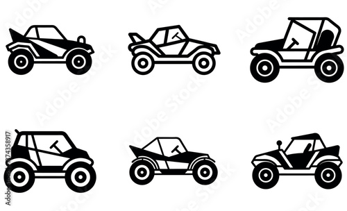 This graphic features a collection of black and white line art illustrations of different types of off-road vehicles.