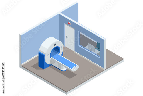Isometric vector layout of MRI examination room with scanner, separate technician workspace including computer, storage cabinets, and medical equipment. X-ray, radiology,