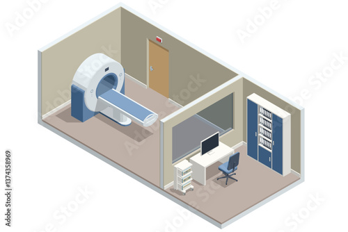 Isometric vector layout of MRI examination room with scanner, separate technician workspace including computer, storage cabinets, and medical equipment. X-ray, radiology,