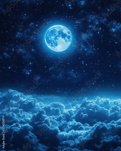 Ethereal full moon shining brightly above a sea of fluffy clouds in a dark blue starry night sky