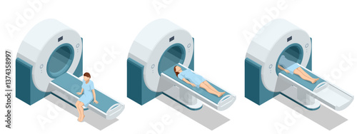 Isometric vector illustration of MRI consultation, a female patient sitting on MRI table talking to doctor holding medical records, pre-scan discussion. X-ray, radiology,
