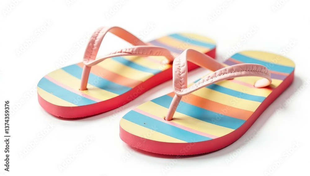 Pair of colorful flip-flops isolated on pure white, studio shot, sandals, pair, vibrant footwear Pair of colorful flip-flops isolated on pure white, studio shot, sandals, pair, vibrant footwear