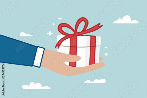 Gift reward program, bonus or surprise present for customer, employee reward or lucky prize, birthday gift box or festive incentive, special loyalty program concept, hand giving gift box with ribbon.