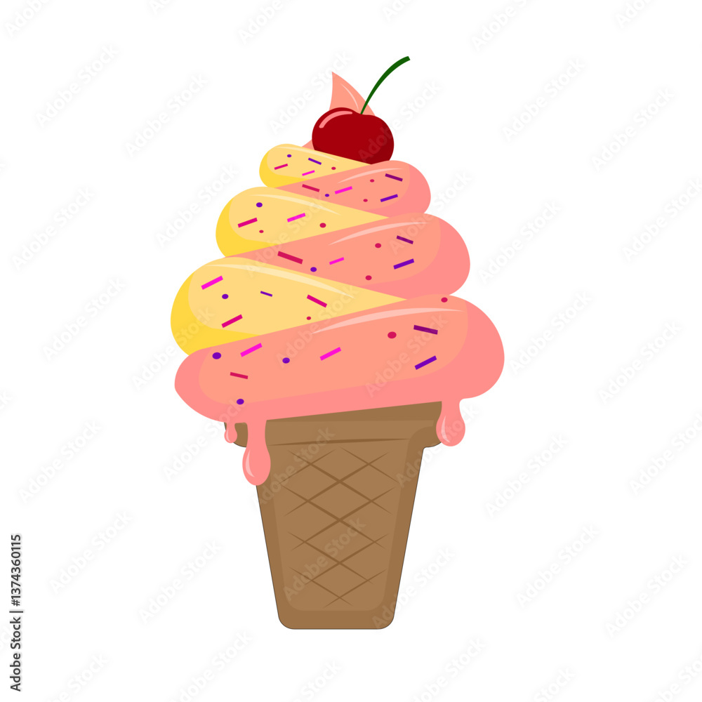 Pink and yellow swirled ice cream in a waffle cone, topped with colorful sprinkles and a red cherry Pink and yellow swirled ice cream in a waffle cone, topped with colorful sprinkles and a red cherry