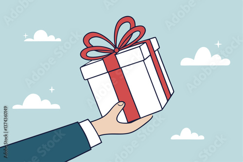 Gift reward program, bonus or surprise present for customer, employee reward or lucky prize, birthday gift box or festive incentive, special loyalty program concept, hand giving gift box with ribbon.