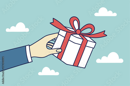 Gift reward program, bonus or surprise present for customer, employee reward or lucky prize, birthday gift box or festive incentive, special loyalty program concept, hand giving gift box with ribbon.