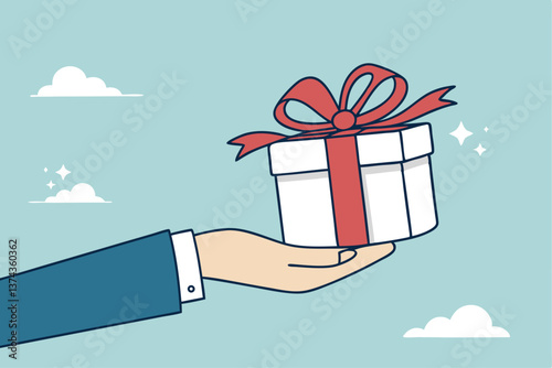 Gift reward program, bonus or surprise present for customer, employee reward or lucky prize, birthday gift box or festive incentive, special loyalty program concept, hand giving gift box with ribbon.