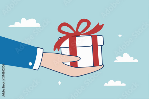 Gift reward program, bonus or surprise present for customer, employee reward or lucky prize, birthday gift box or festive incentive, special loyalty program concept, hand giving gift box with ribbon.