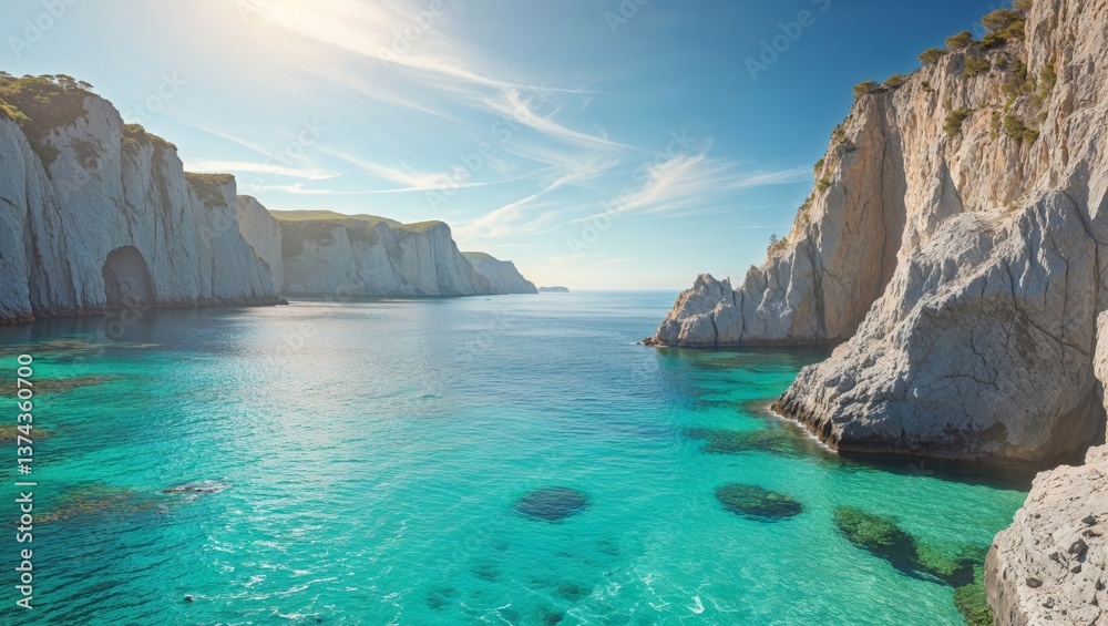 Fototapeta premium Coastal Bay With Rocky Cliffs And Turquoise Water