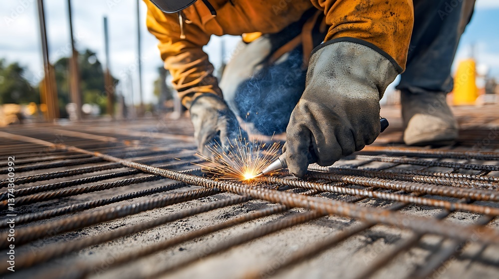 Close-up of a construction worker welding metal rebar in a construction site surrounded by sparks and a clear sky, showcasing focus and precision in blue and orange tones Close-up of a construction worker welding metal rebar in a construction site surrounded by sparks and a clear sky, showcasing focus and precision in blue and orange tones
