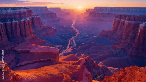 Beautiful canyon landscape illuminated by sunsets warm and cool colors