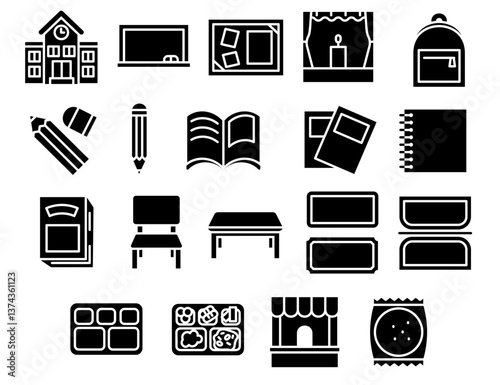 School life Icon Set. Stationery and Classroom Furniture Icon Set