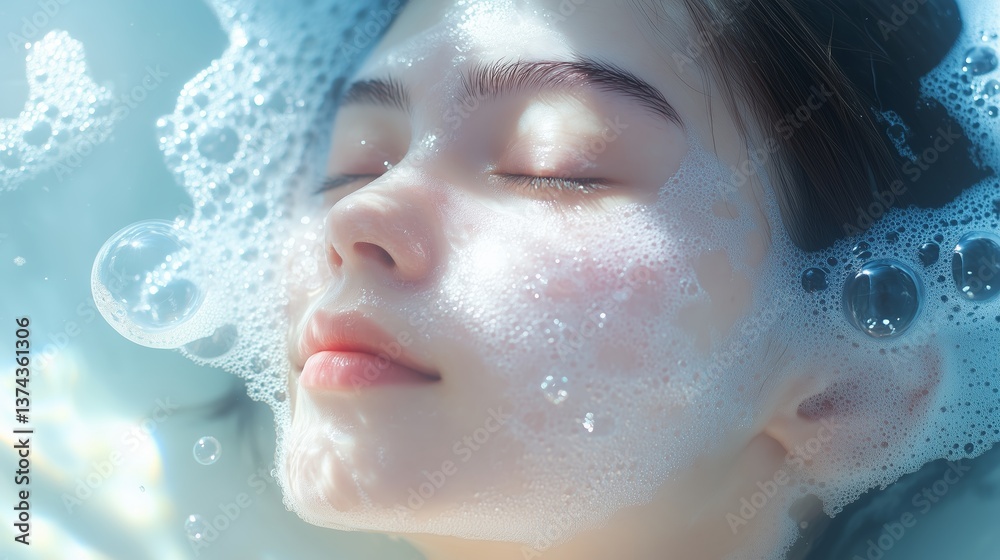Young woman floats underwater with bubbles and sunlit reflections during a serene summer afternoon Young woman floats underwater with bubbles and sunlit reflections during a serene summer afternoon