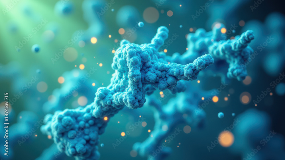 Image of a fluorescent green GLp1 molecule with blue background. Image of a fluorescent green GLp1 molecule with blue background.