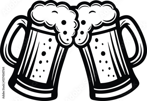 Two stylish beer mugs isolated line art vector illustration, two beer mugs silhouette vector art