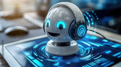 Friendly AI Robot with Headphones Interacting with Digital Interface for Language Learning and Computation Tasks