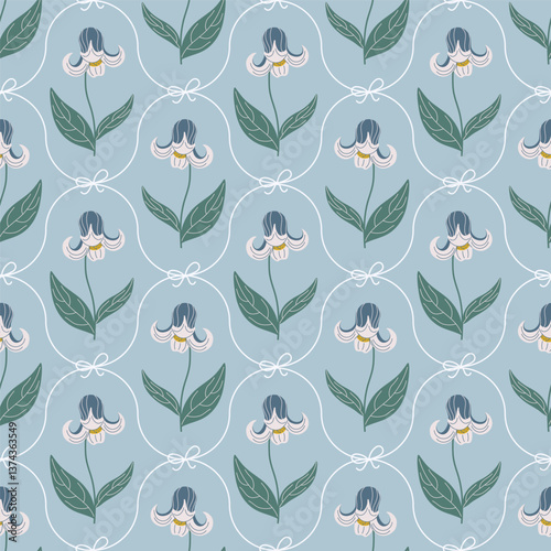 Vintage floral seamless pattern. Damask ornament with ribbon bows and bellflower. Retro print with beautiful plants for fabric, wallpaper, wrapping paper. Elegant hand drawn vector illustration.
