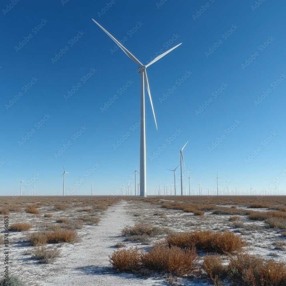Fototapeta premium Vast Wind Farm Landscape with Clear Blue Sky and Arid Ground Offering a Vision of Sustainable Energy and Renewable Power Generation