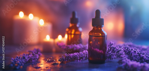 Capture essence of relaxation and rejuvenation with aromatic oils in amber bottles, surrounded by lavender and soft candlelight, creating tranquil atmosphere