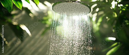 modern showerhead releases gentle cascade of water, surrounded by lush green foliage, creating serene atmosphere of relaxation and renewal. sunlight filters through, enhancing tranquil setting
