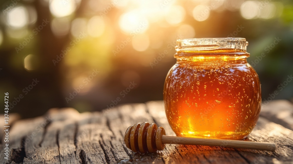 Golden honey in glass jar with dipper on rustic wooden table under warm sunlight in nature setting Golden honey in glass jar with dipper on rustic wooden table under warm sunlight in nature setting