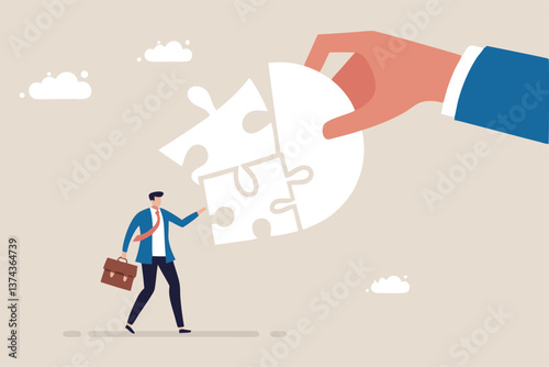 Complete communication speech bubble, solve or help employee communicate with dialogue puzzle, discussion or negotiation skill concept, businessman hand help connect jigsaw on speech bubble.