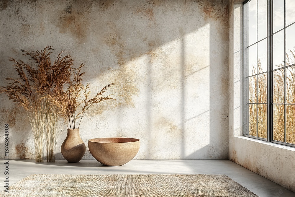 Fototapeta premium Photo Capturing Wabi-Sabi Japanese Aesthetics with an Empty Wall and Minimalist Decor on a Table: A Bowl and Vase Adorned with Natural Elements