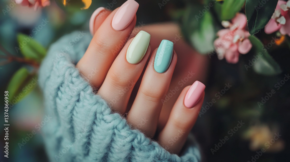 Fototapeta premium close up view of beautifully manicured nails featuring pastel colors, including pink, mint green, and light blue, set against backdrop of soft flowers and greenery, evoking fresh and vibrant feel