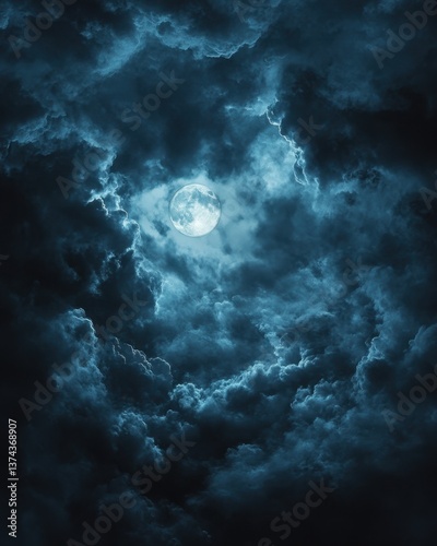 Ethereal moon shining through dark teal clouds creating a dramatic night sky scene with celestial light and a mysterious atmosphere