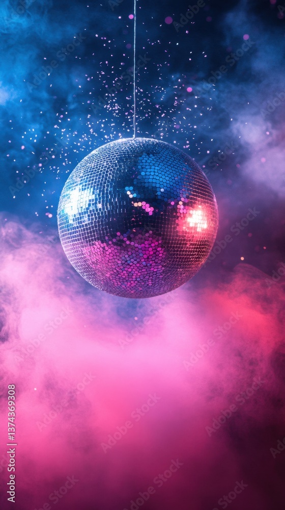 Obraz premium Shimmering disco ball suspended in a vibrant haze of pink and blue light casting a nostalgic glow and festive atmosphere