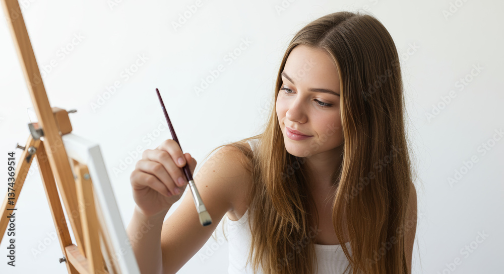 Young artist creating a painting with a brush in a bright studio Young artist creating a painting with a brush in a bright studio