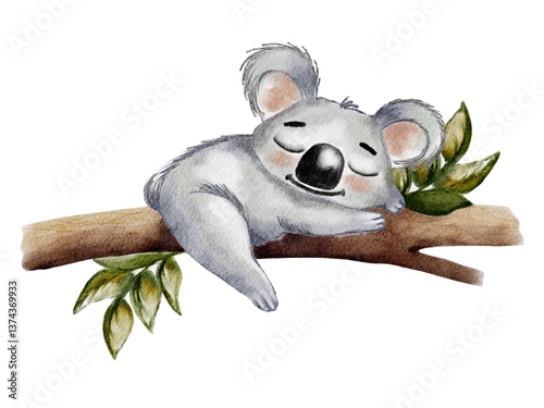Koala resting on a branch with leaves in a seamless watercolor pattern