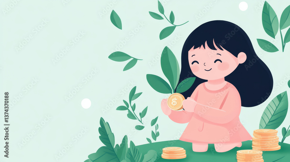 cheerful child is planting coin seed ground, surrounded by lush green leaves and coins, symbolizing growth and prosperity. This illustration captures joy of nurturing and potential of investment cheerful child is planting coin seed ground, surrounded by lush green leaves and coins, symbolizing growth and prosperity. This illustration captures joy of nurturing and potential of investment
