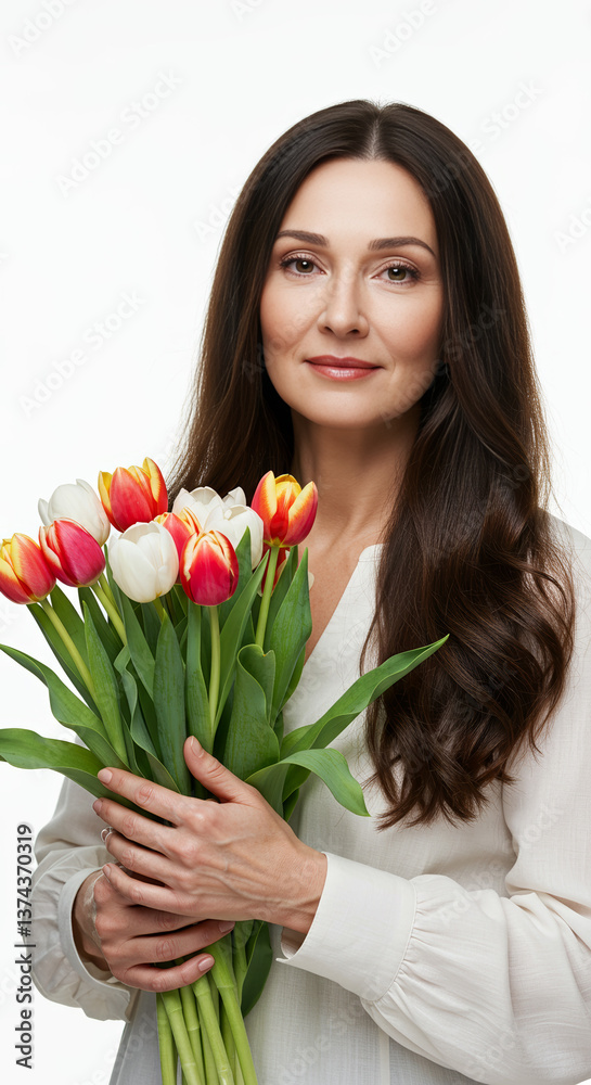 Woman Holding Colorful Tulips with a Gentle Smile Against White Background Woman Holding Colorful Tulips with a Gentle Smile Against White Background