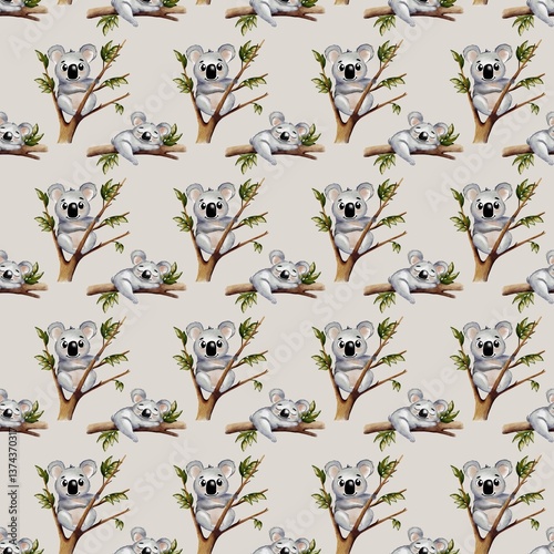 Photography Watercolor pattern featuring playful koalas in natural poses on branches