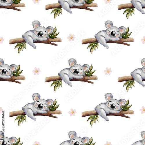 Photography Playful koalas lounging on branches in a whimsical watercolor textile design