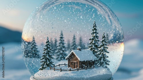 Detailed snow globe with log cabin scene in white blue and brown representing winter wonder and holidays