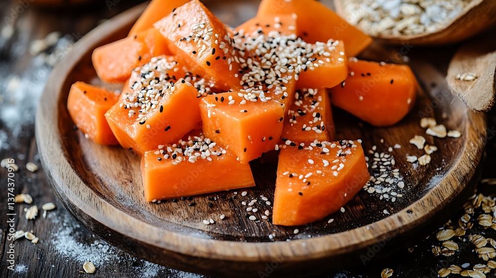 Delicious wooden plate with papaya pieces with sesame seeds grated coconut sesame seeds and oat flakes as a dessert or healthy snack made at home on a wooden table in the kitchen