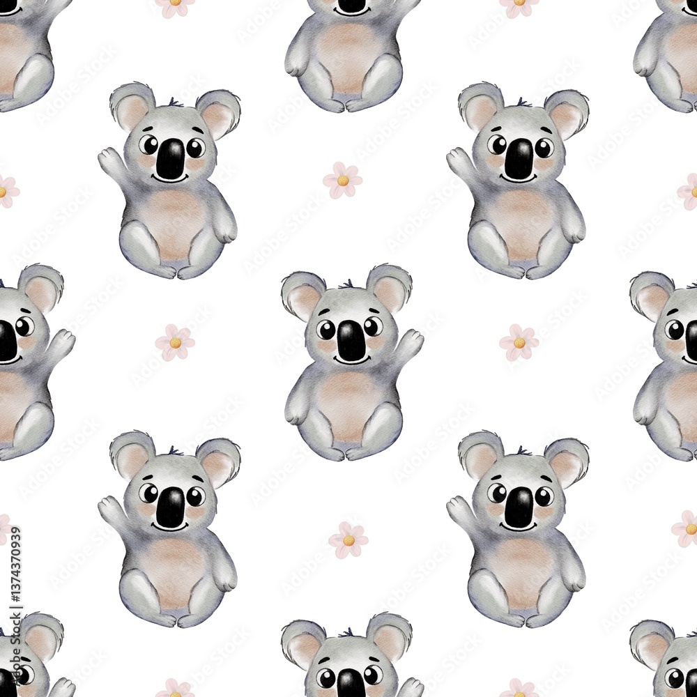 Obraz premium Koala pattern design featuring cute koalas and flowers on a seamless background