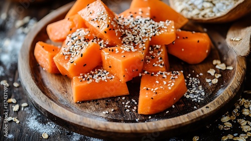 Obraz na płótnie Delicious wooden plate with papaya pieces with sesame seeds grated coconut sesame seeds and oat flakes as a dessert or healthy snack made at home on a wooden table in the kitchen w salonie