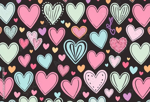 Sweet pastel doodle hearts in various seamless patterns , cute, celebration