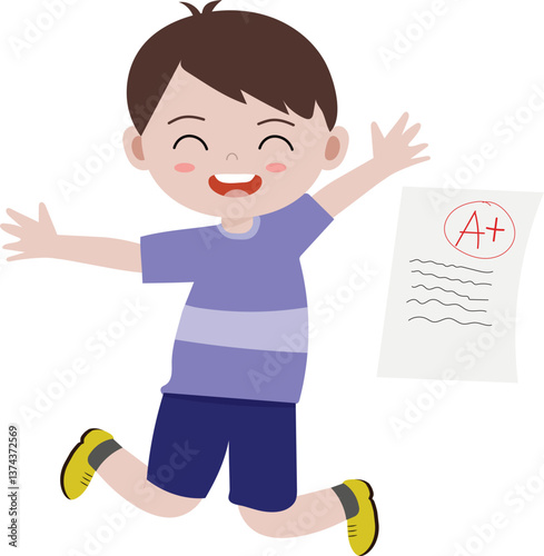 The little boy is happy to get an A in his exam