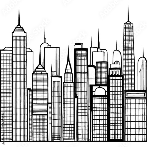 A monochrome illustration depicts a cityscape. Varying heights of skyscrapers make up a skyline.